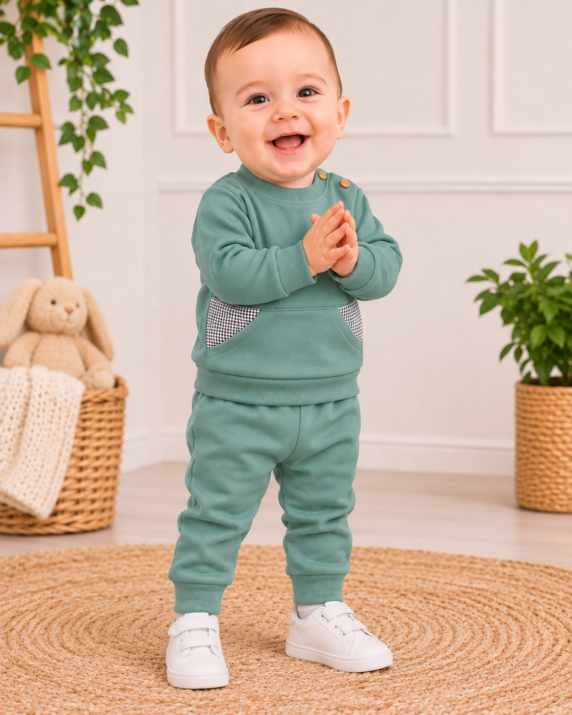 Bebé sorridente com roupa verde e sapatilhas brancas em ambiente interior