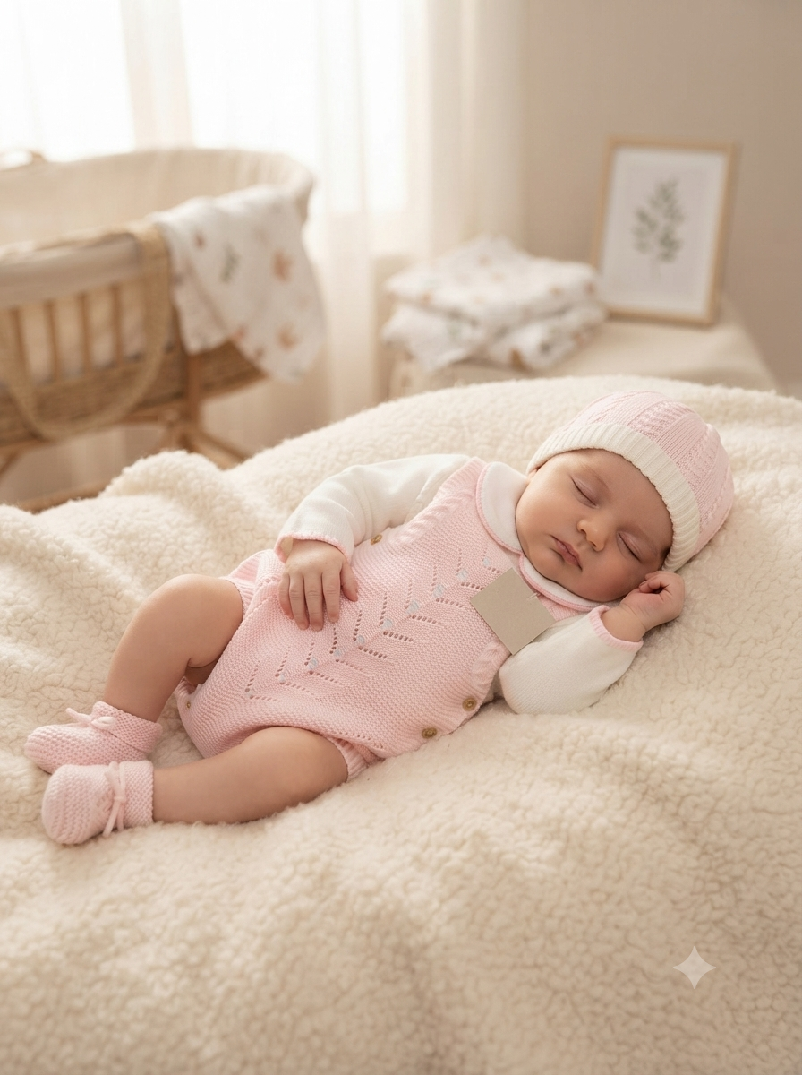 Bebé dorme com roupa de malha cor-de-rosa numa cama com cobertor felpudo