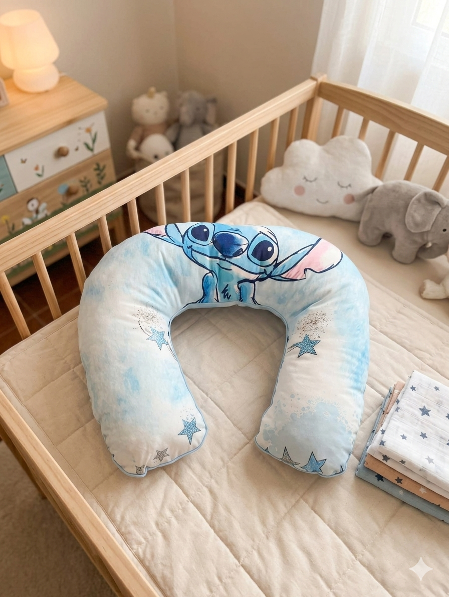 Almofada de bebé em forma de U com estampa Stitch azul em cama de madeira clara