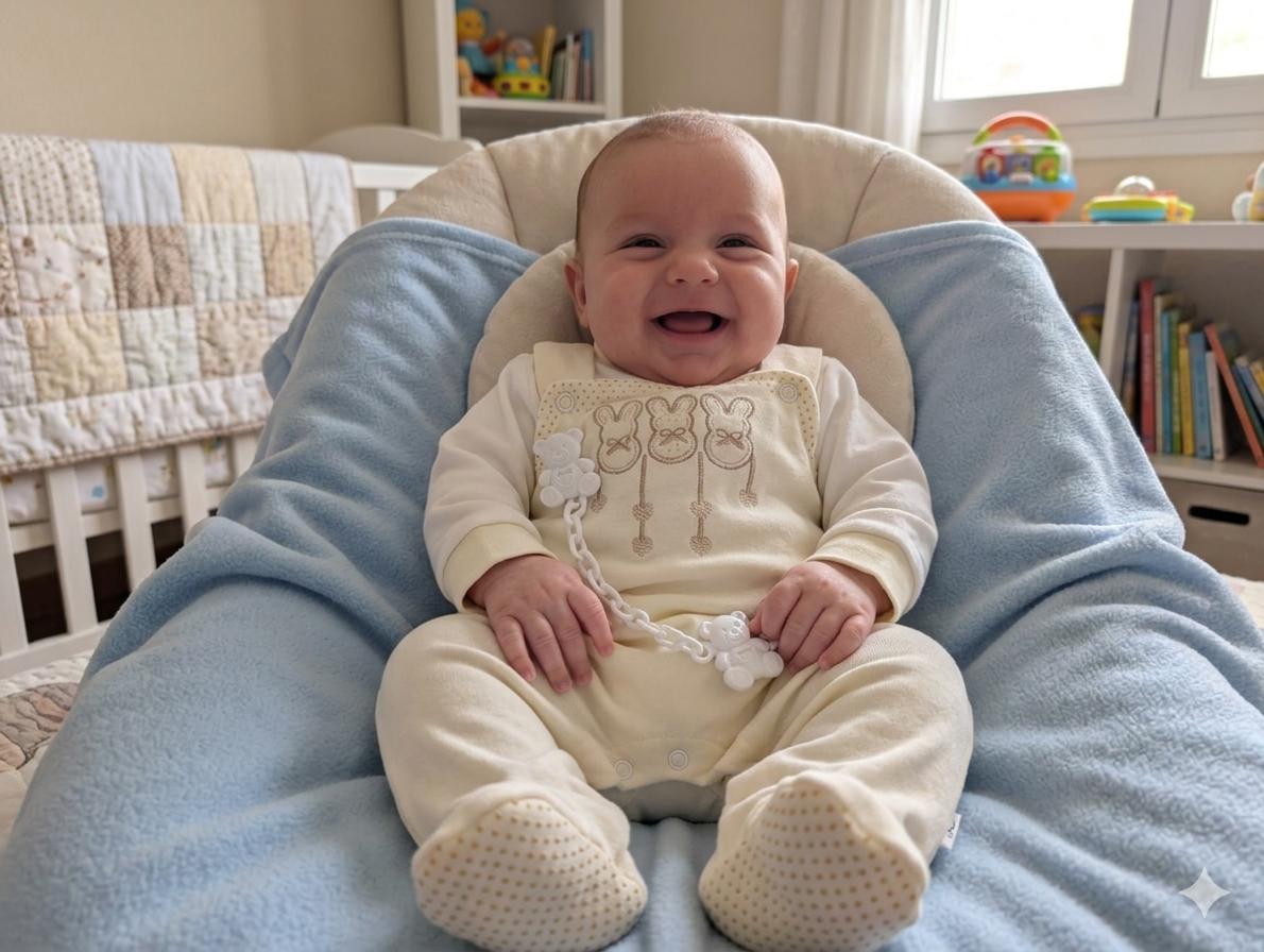 Bebé sorridente em macacão creme com padrão de coelhos numa almofada azul clara de tecido felpudo