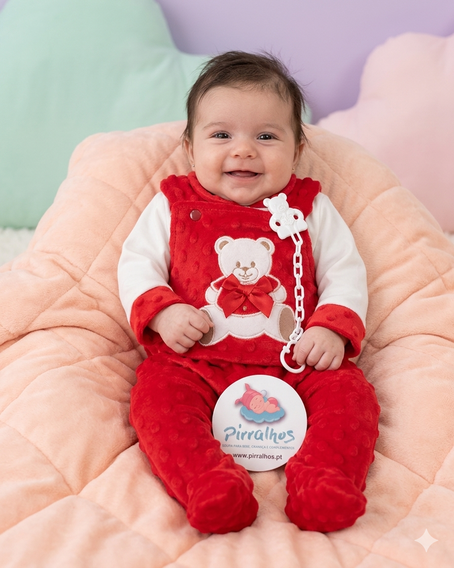 Bebé com pijama vermelho e ursinho sentado numa almofada rosa