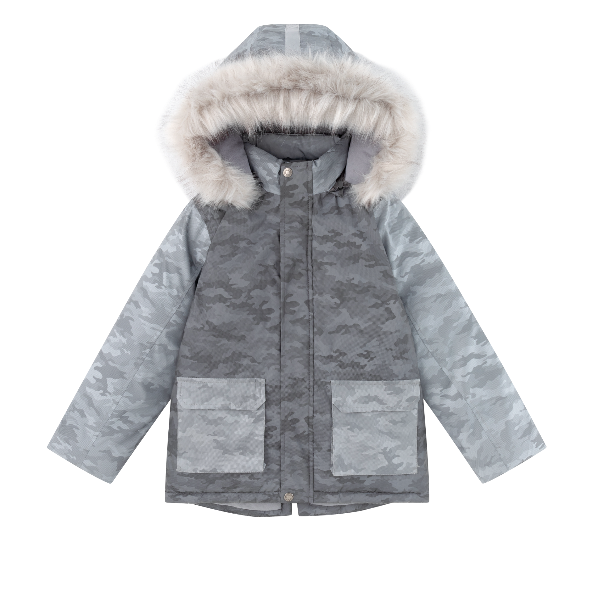 Casaco infantil camuflado cinzento com capuz e pelo sintético