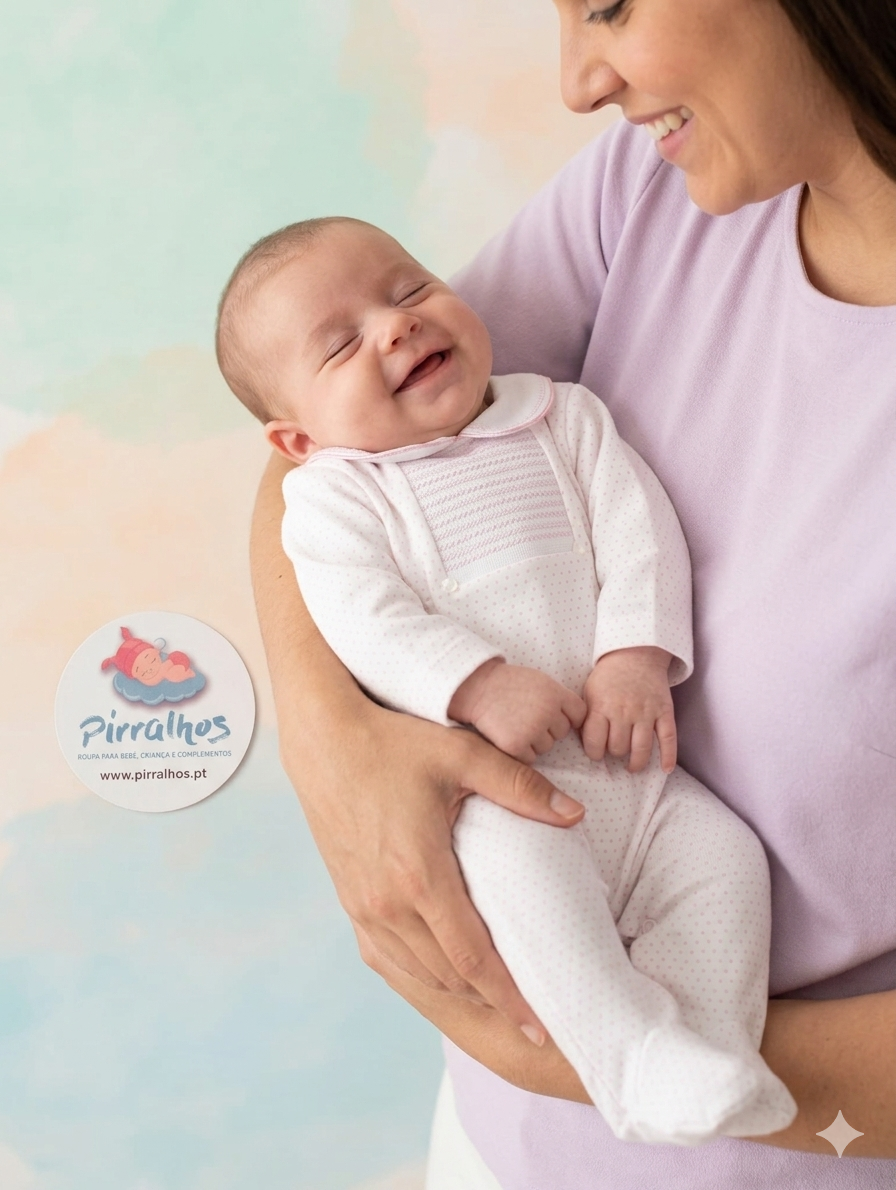 Bebé a sorrir vestido com fato branco de pequenos pontos rosa nos braços de adulto com camisola lilás.