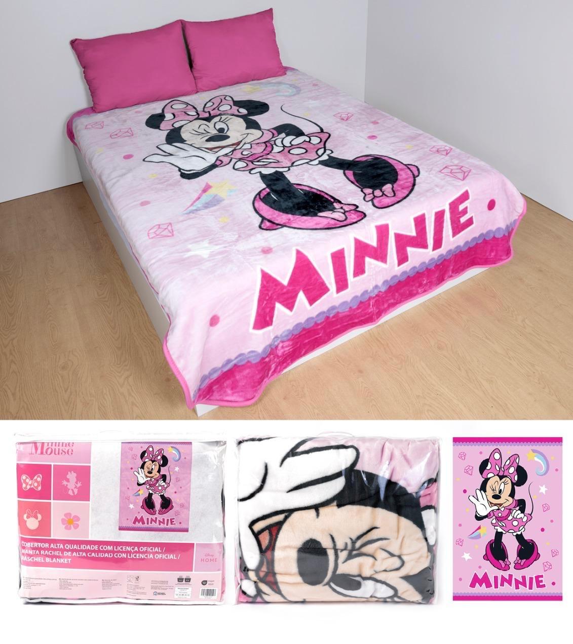 Cobertor rosa Minnie Mouse com texto MINNIE e embalagem