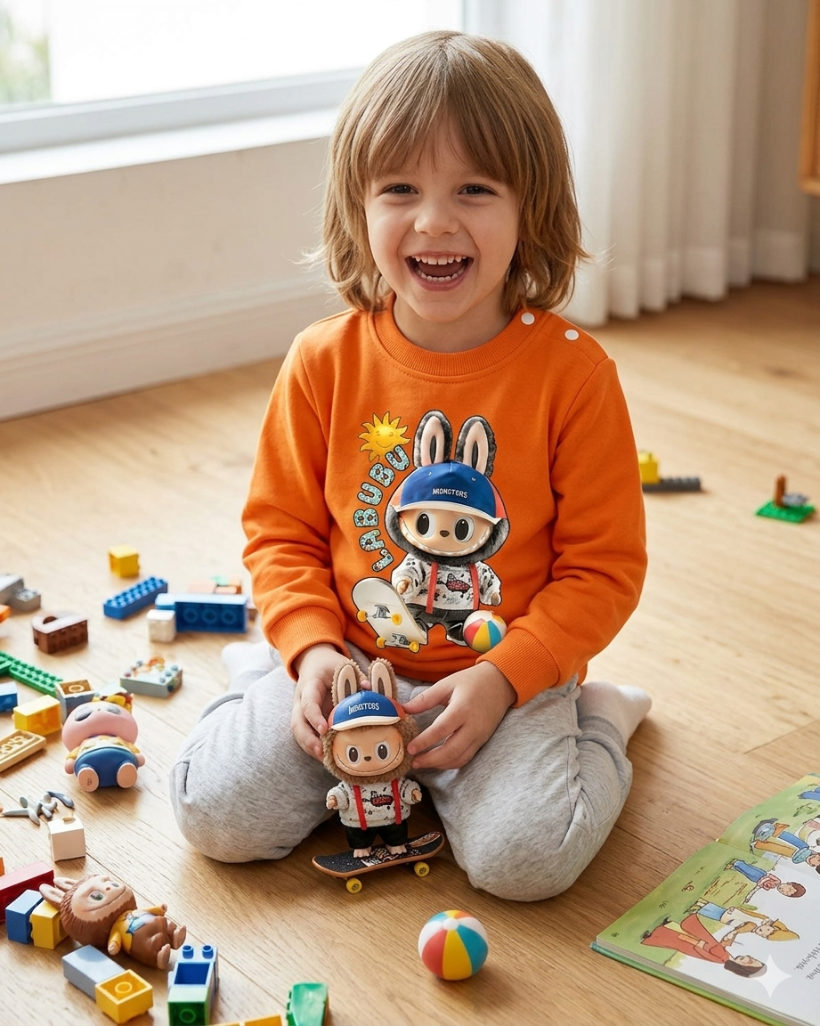 Criança sorridente com camisola laranja e calças cinzentas a brincar com brinquedos no chão