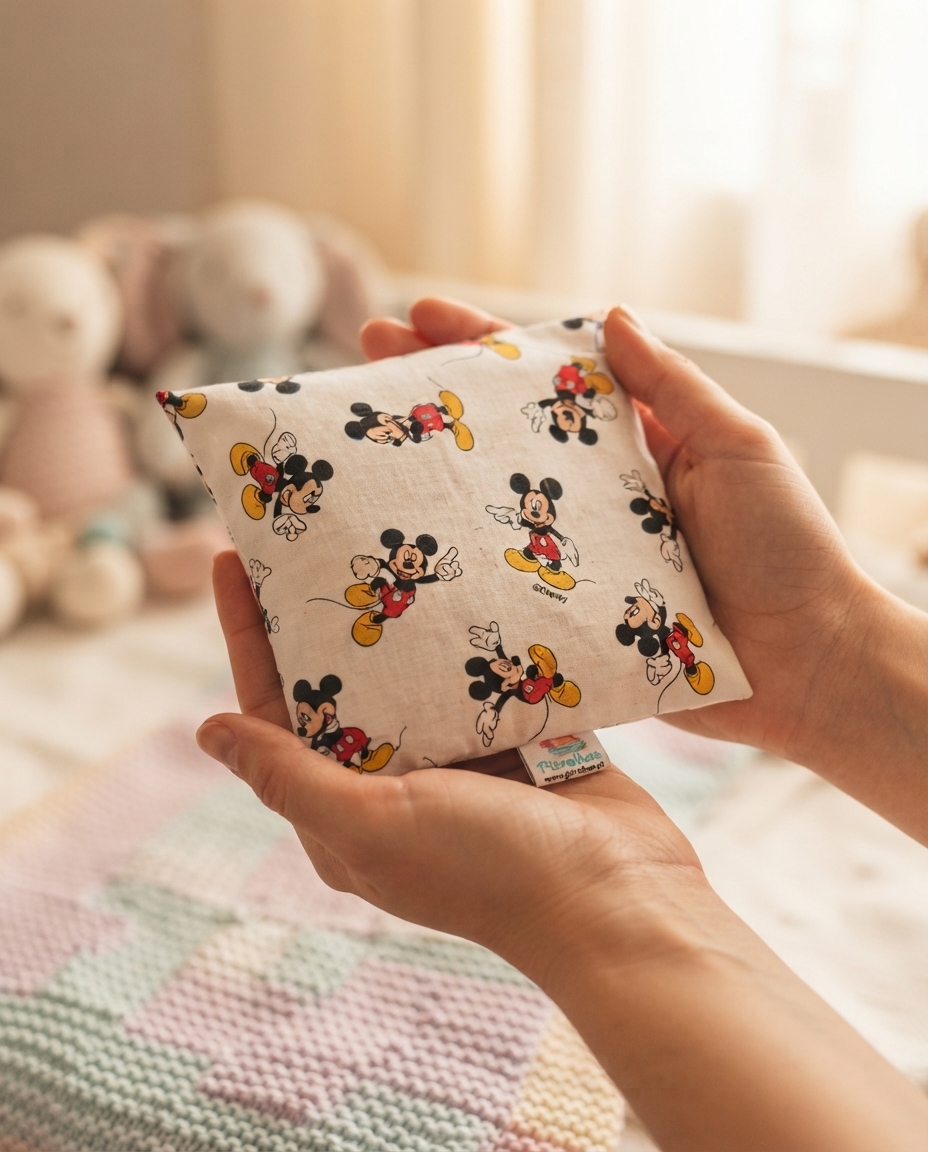 Almofada pequena com padrão do Mickey Mouse sendo segurada por duas mãos em ambiente interior com peluches ao fundo