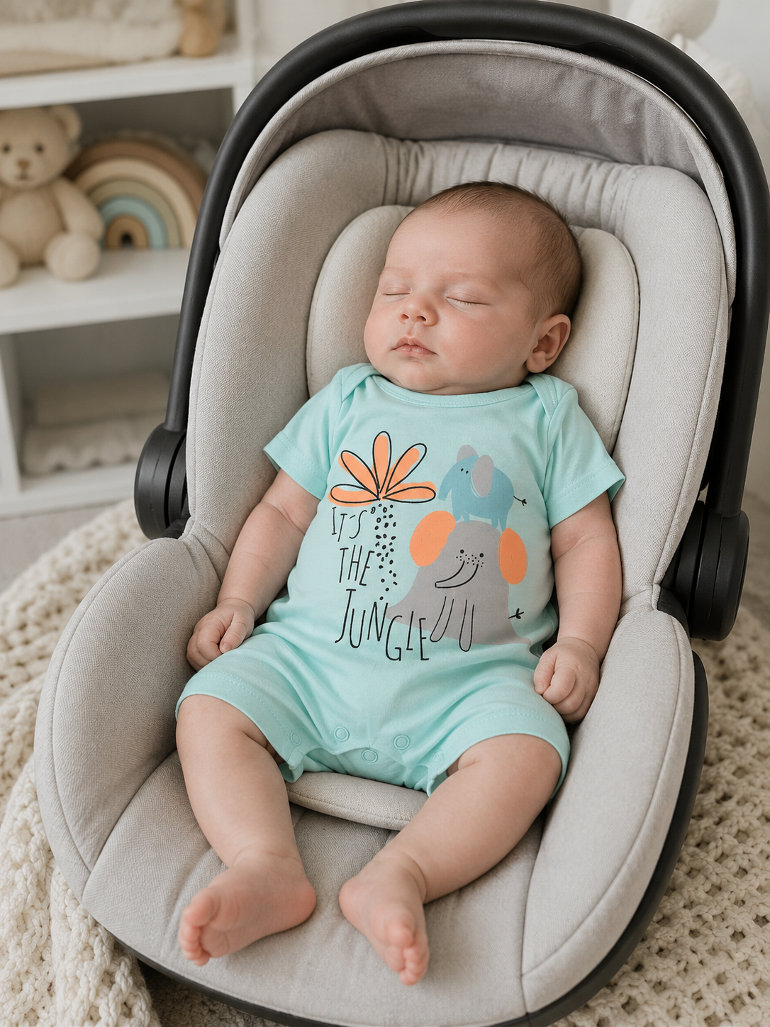 Bebé a dormir em cadeira de bebé cinzenta com macacão azul claro estampado