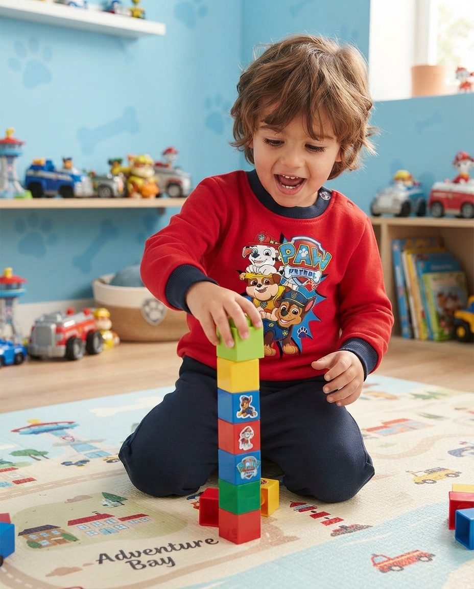 Criança com camisola PAW Patrol a brincar com blocos coloridos numa sala infantil