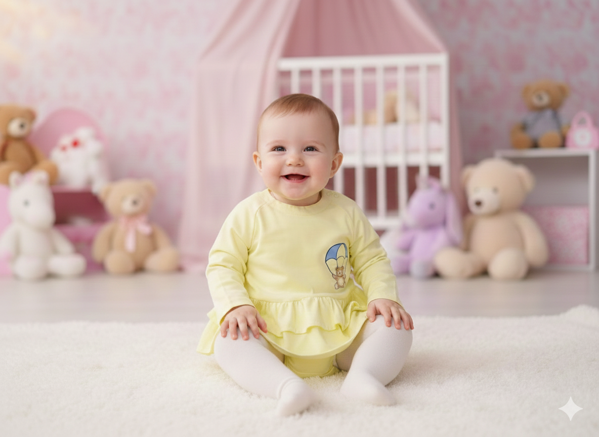 Bebé em vestido amarelo claro sentado em tapete branco com peluches e berço ao fundo