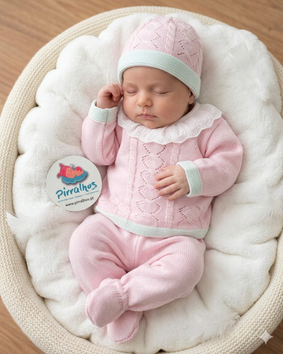 Bebé com vestido rosa de lã e gorro deitado em almofada branca macia