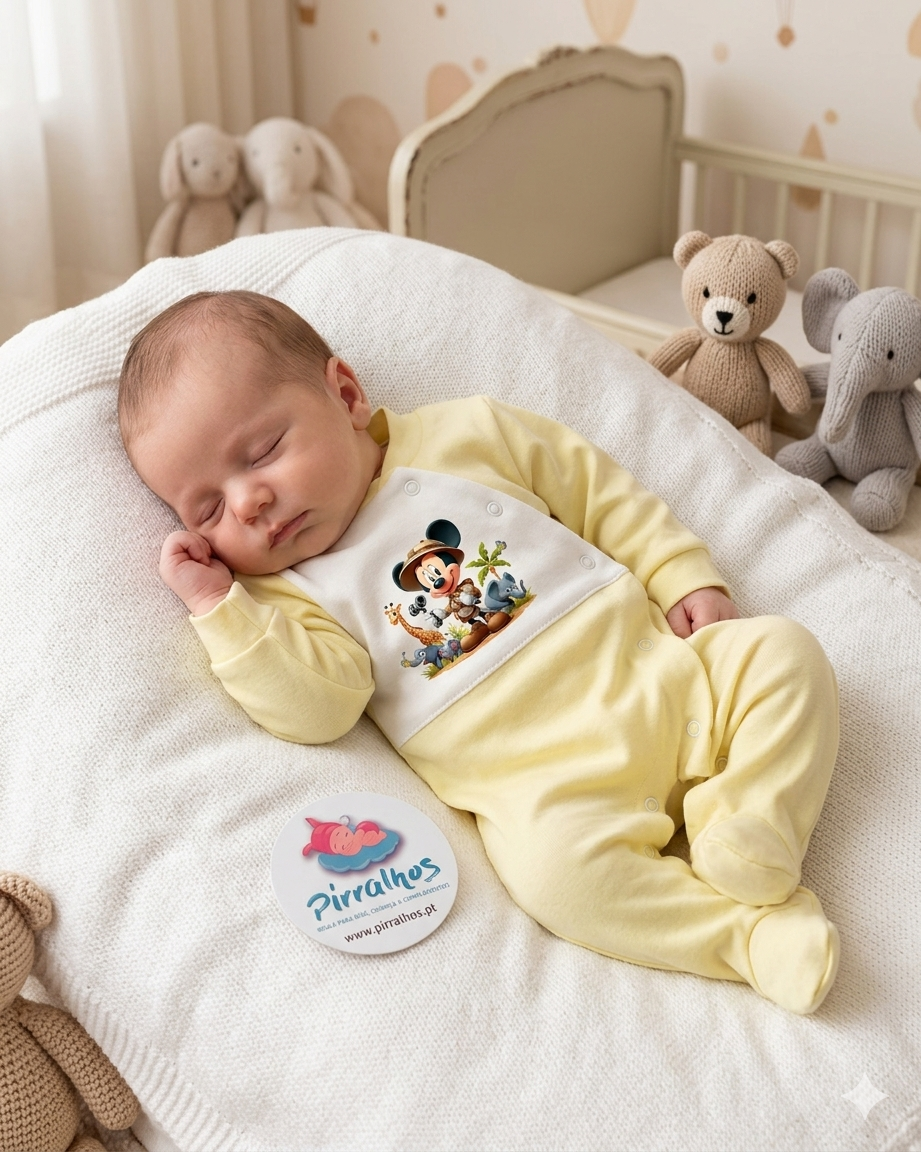 Bebé a dormir com macacão amarelo claro e estampa Mickey Mouse sobre almofada branca tricotada com brinquedos tricotados ao fundo