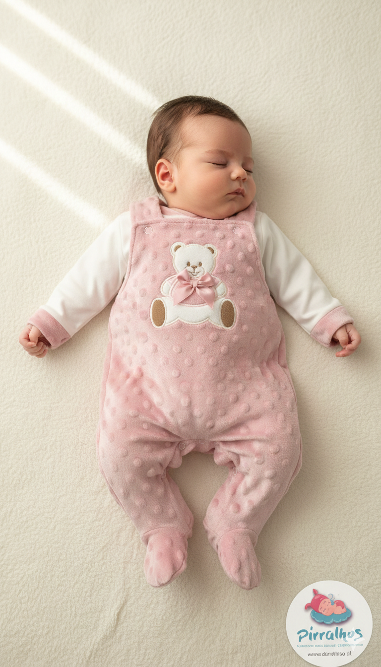 Bebé com macacão rosa texturizado e urso aplicado