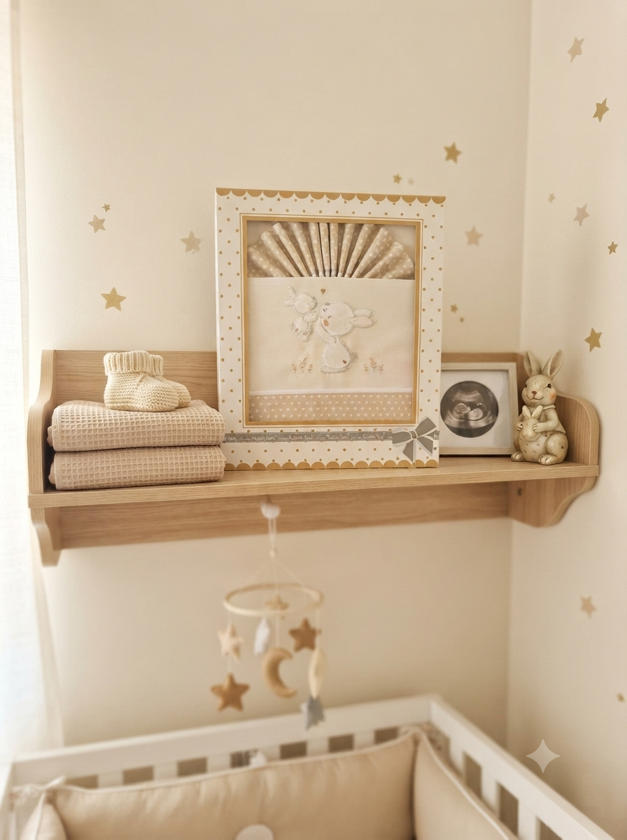 Prateleira com roupa de bebé bege, quadro bordado com coelhos, ecografia e decoração de coelho num quarto de bebé