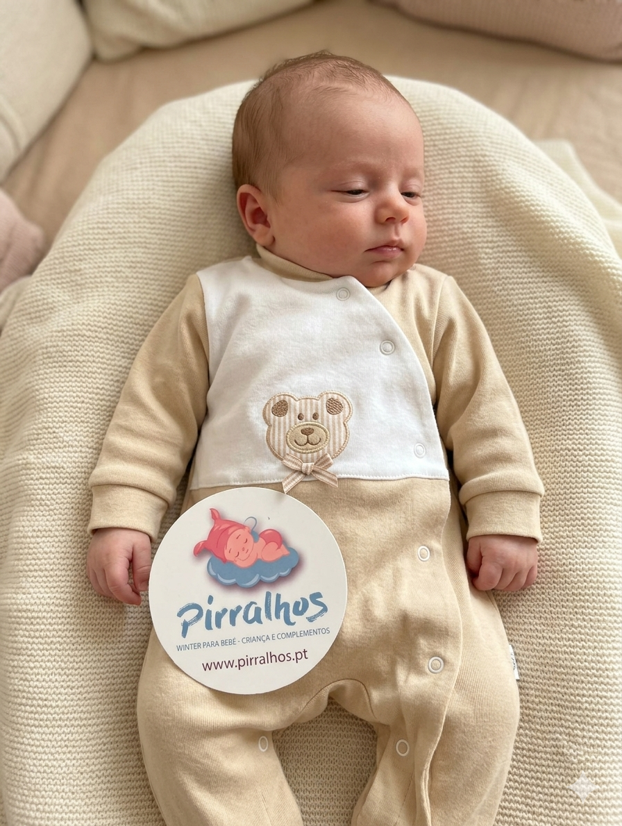 Babygrow bege e branco com ursinho bordado e etiqueta redonda Pirralhos
