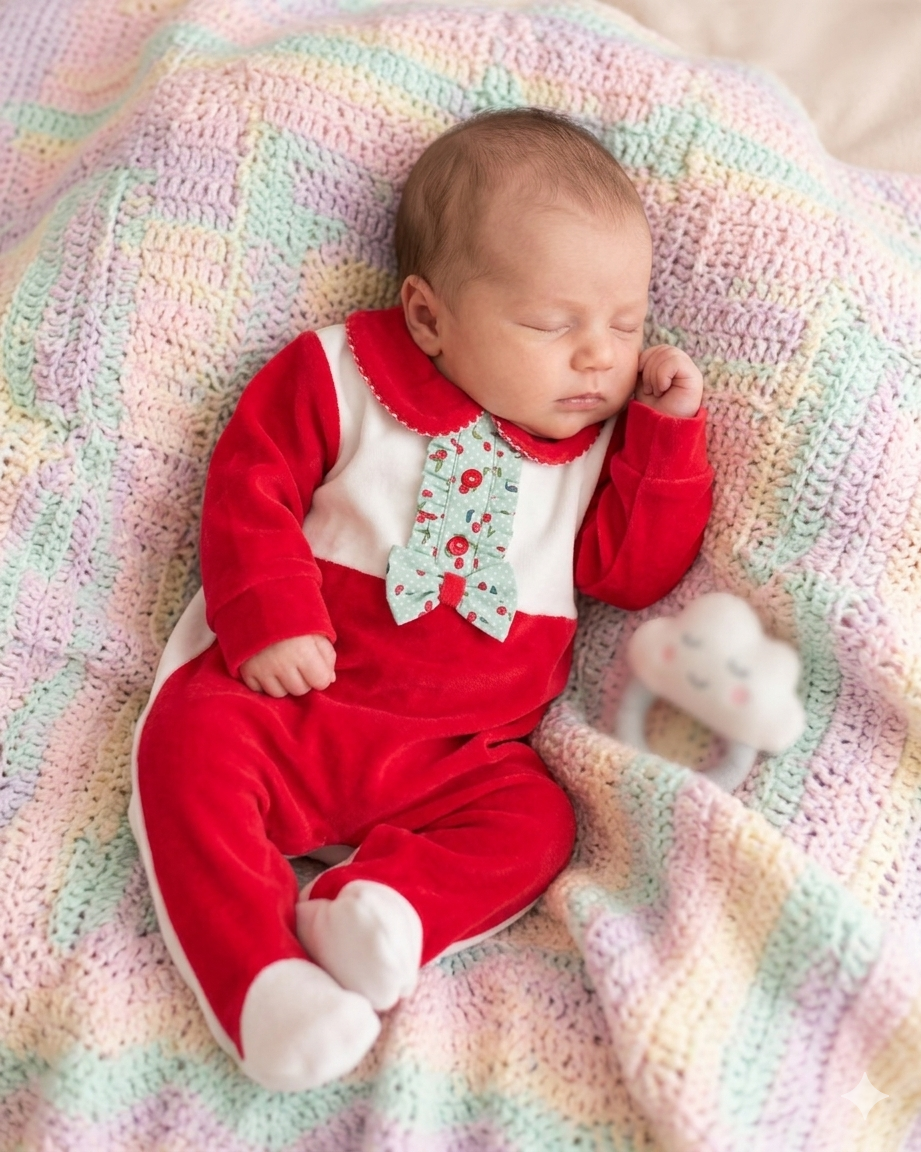 Bebé a dormir com fato vermelho e branco sobre manta crochet pastel com brinquedo nuvem