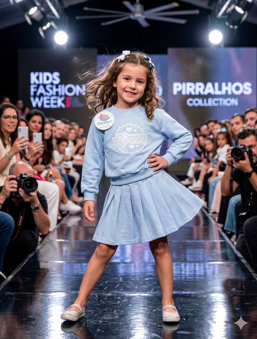 Menina a estrear vestido azul claro com sweat e saia plissada na passerelle de moda infantil