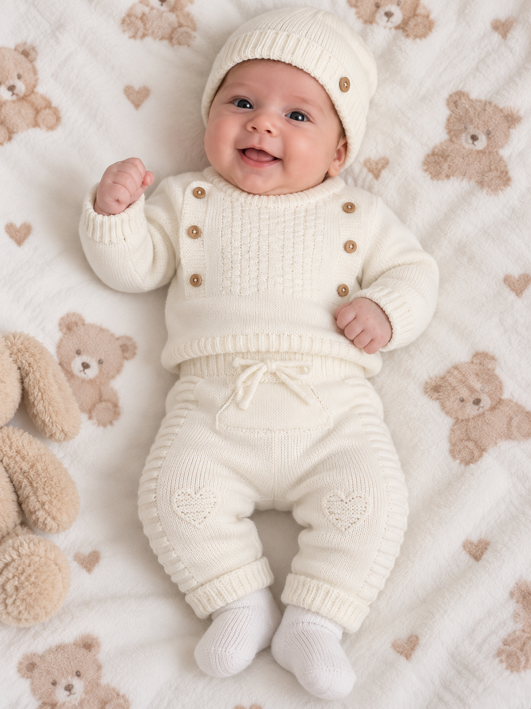 Bebé deitado com conjunto de malha creme e gorro numa manta com padrão de ursos e corações.