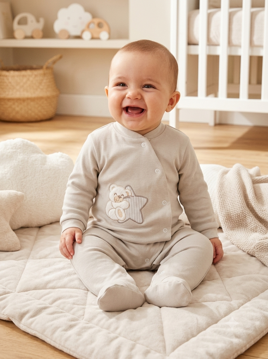 Bebé sorridente vestido com macacão bege claro sentado em tapete acolchoado bege num quarto de bebé