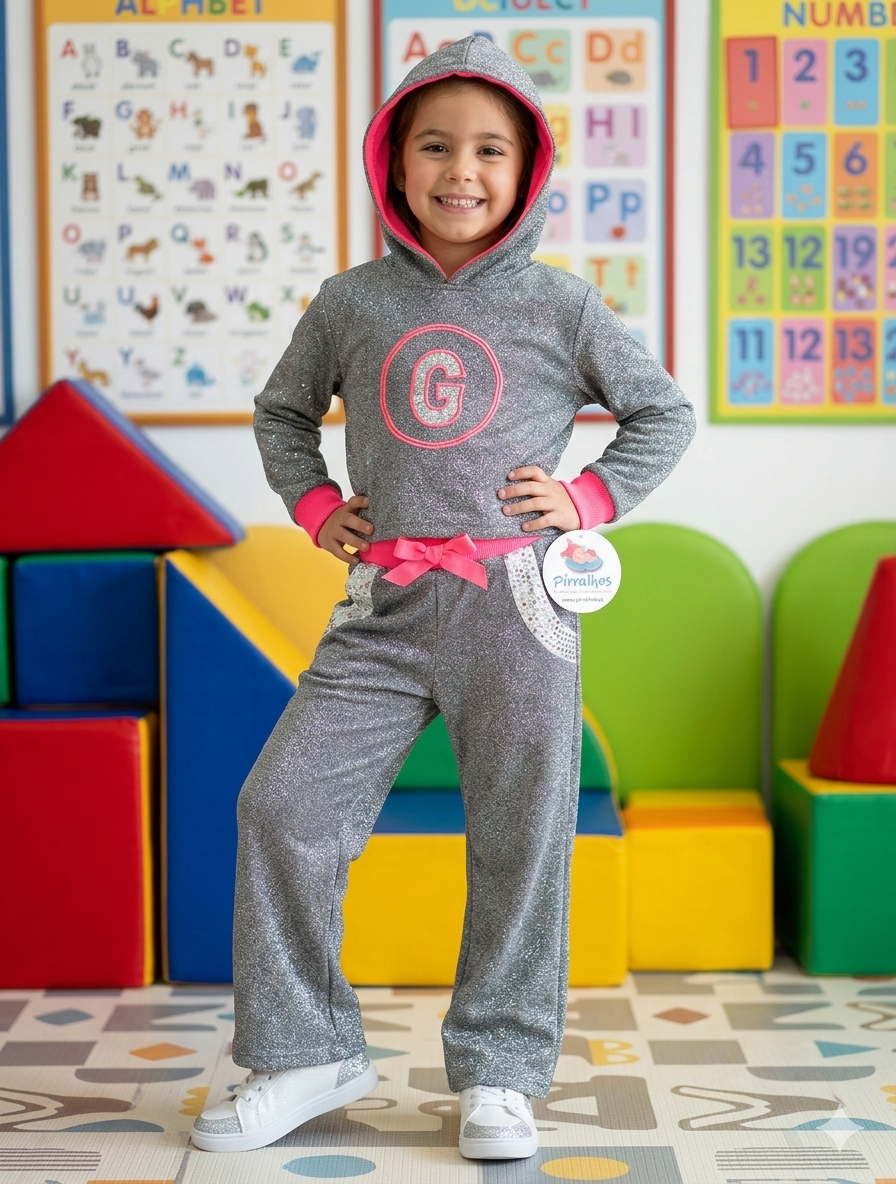 Menina com fato cinzento com capuz e letras rosa num ambiente colorido educativo