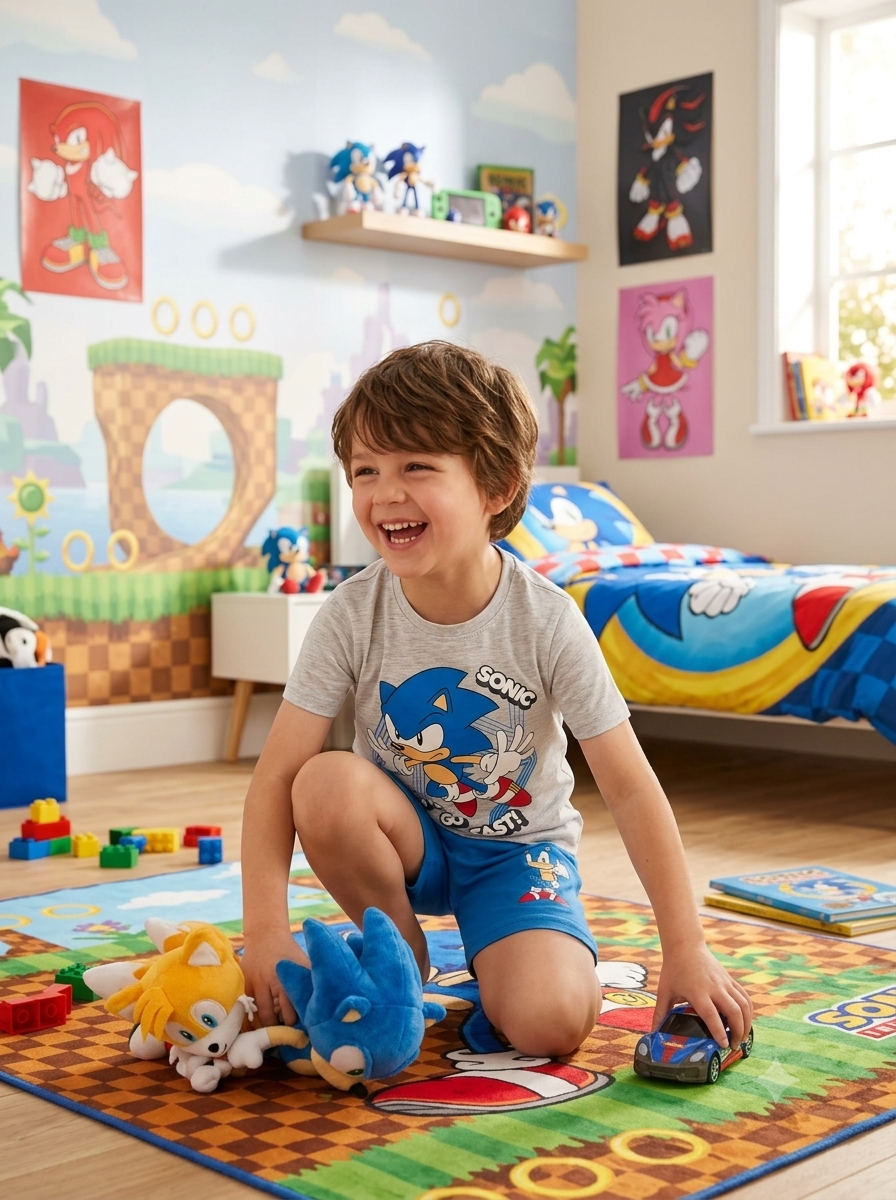 Criança num quarto decorado com tema Sonic com tapete, roupa de cama, peluches e posters da personagem.