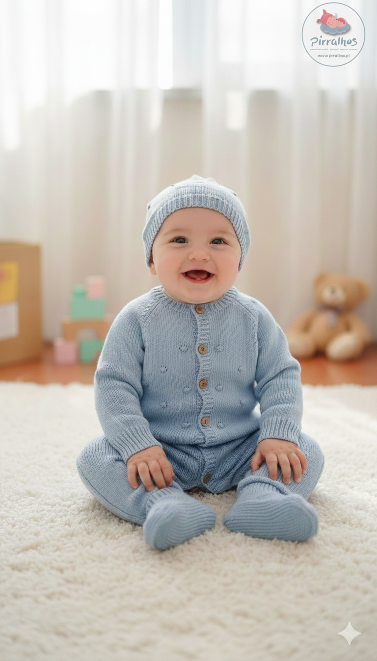 Bebé com fato de malha azul e gorro sentado em tapete branco