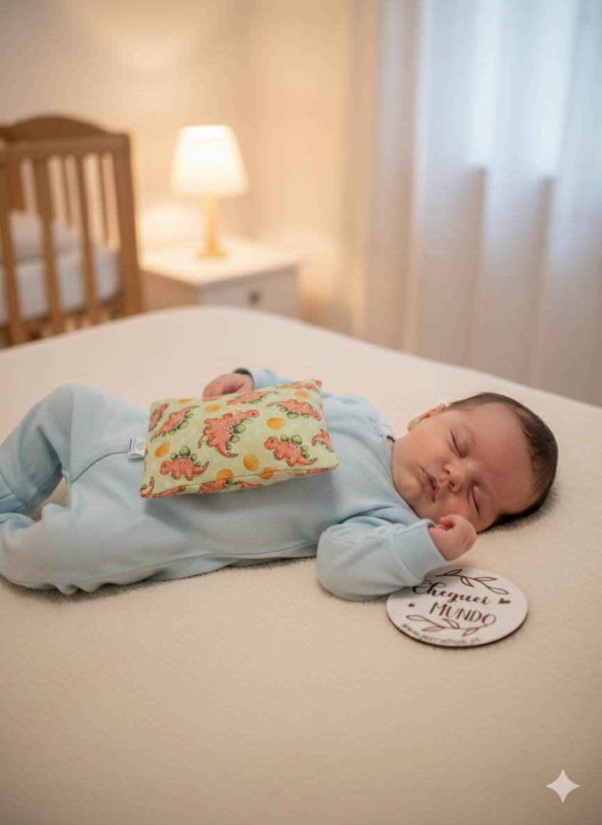 Bebé deitado com pijama azul e almofada com padrão de dinossauros numa cama creme, com placa redonda com texto