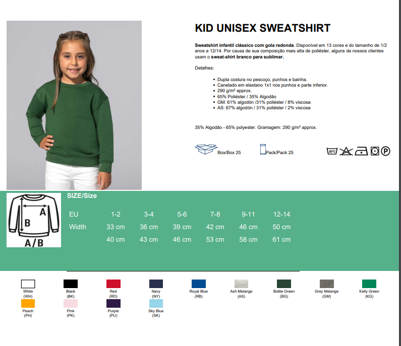 Camisola unissexo para criança verde com gola redonda e manga comprida