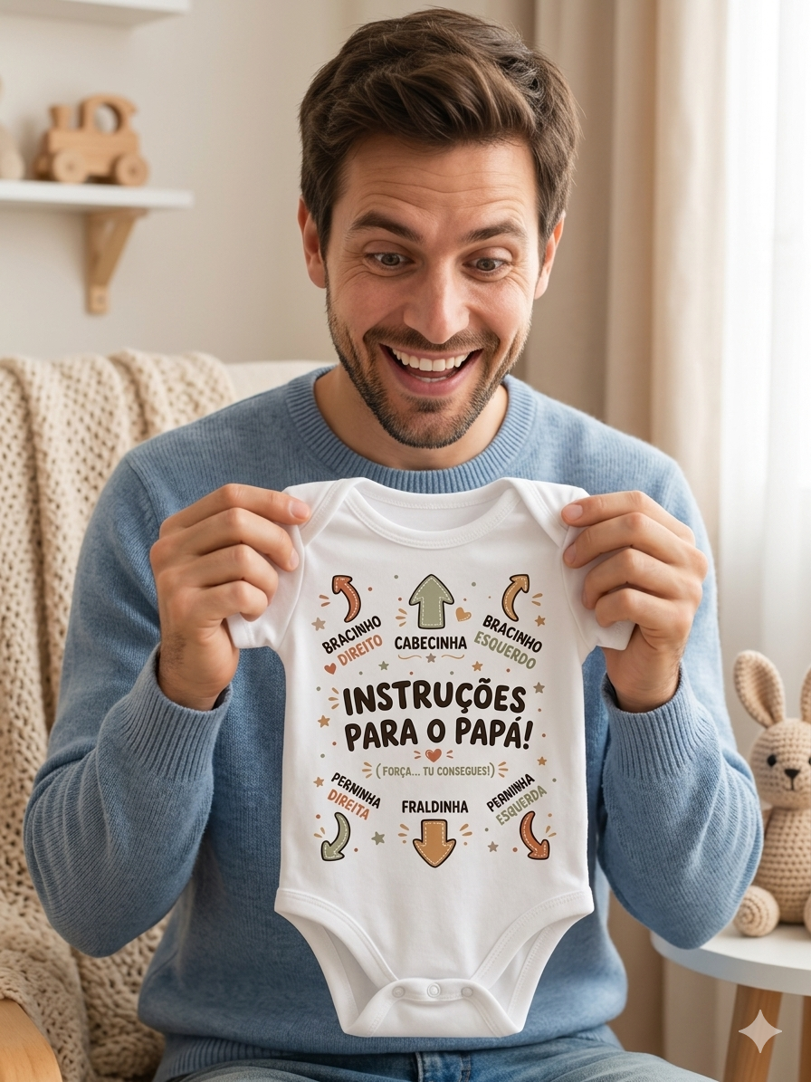Body de bebé branco com instruções para o papá, segurado por homem feliz
