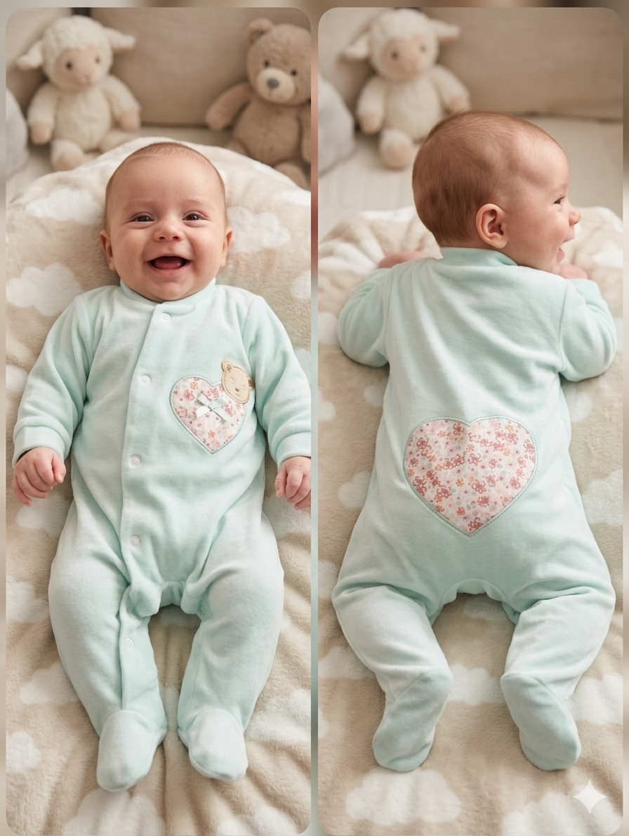 Pijama azul claro para bebé com corações florais e urso bordado, bebé deitado em manta com nuvens e peluches ao fundo.