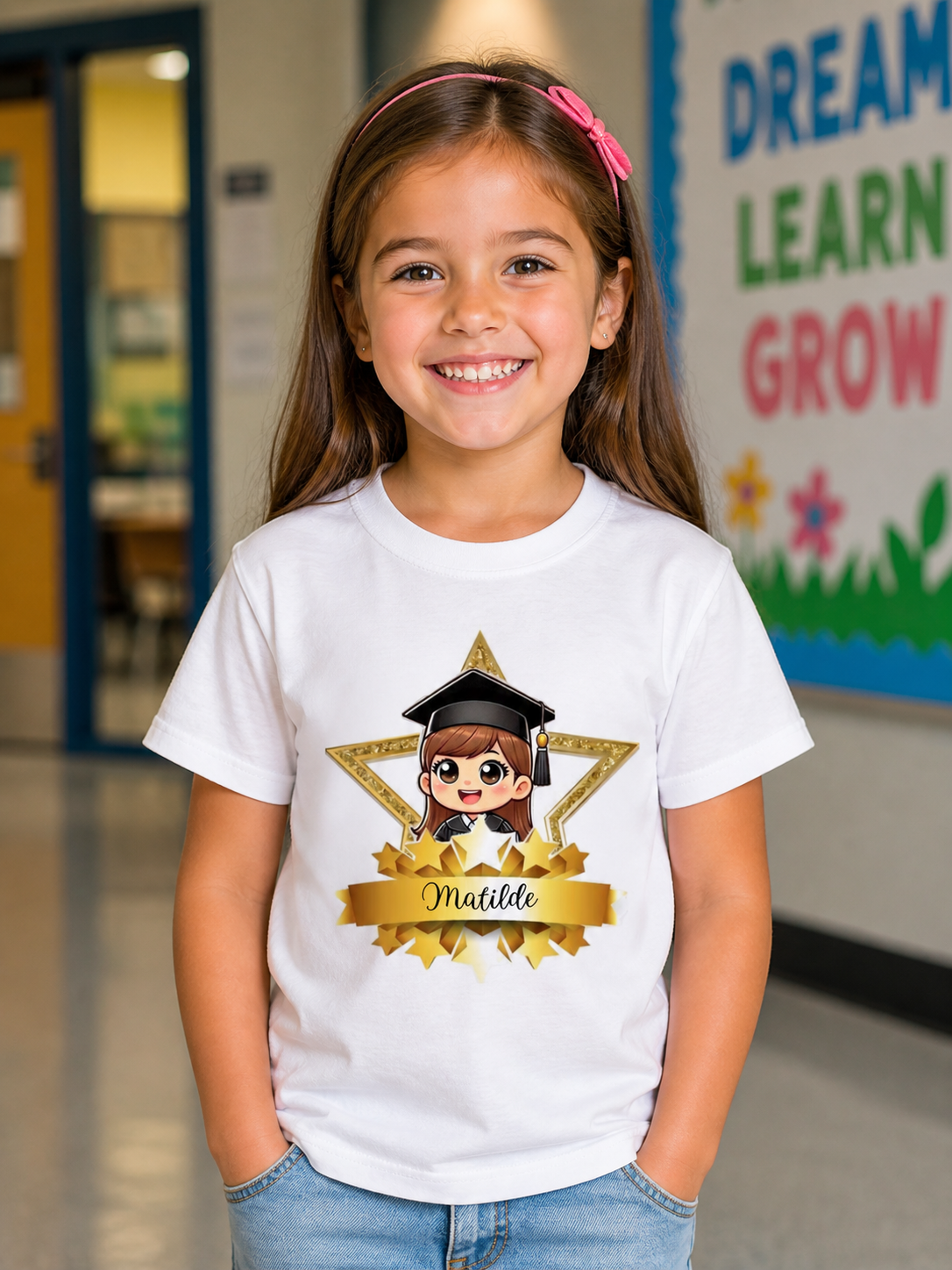 Menina sorridente veste t-shirt branca com estampa de graduação e nome Matilde, e jeans azuis