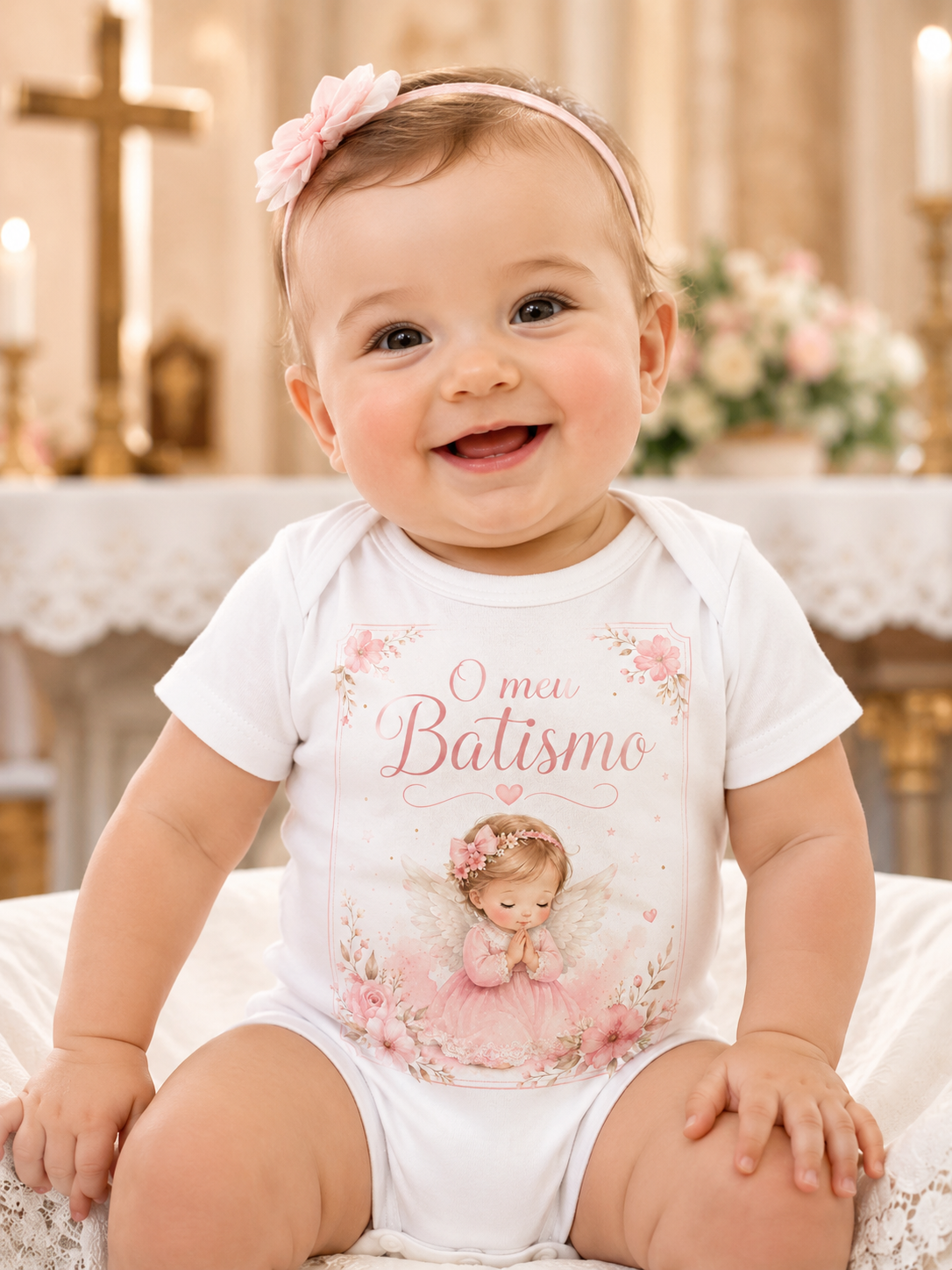 Bebé sorridente com body branco estampado O meu Batismo e fita rosa na cabeça, em ambiente de igreja.