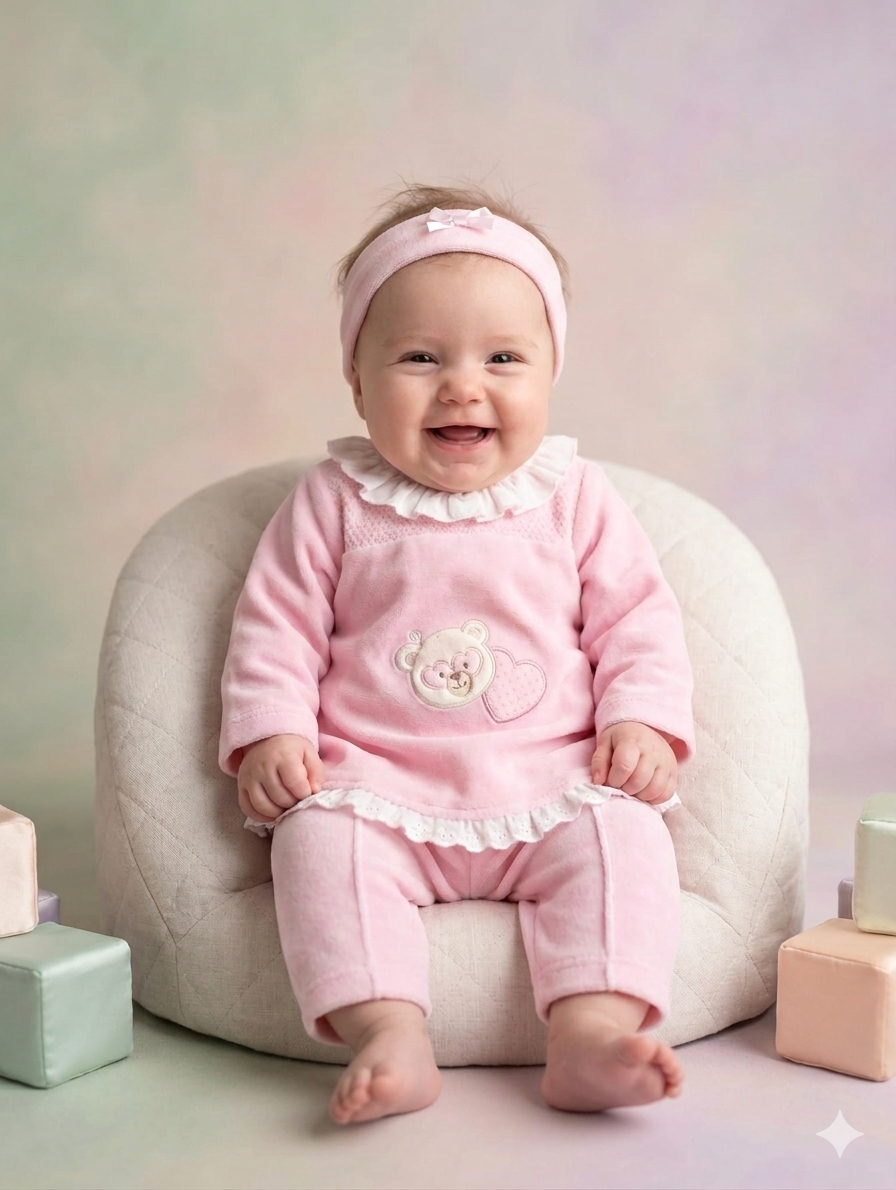 Bebé a sorrir com pijama rosa e faixa de cabeça sentada em cadeira acolchoada creme com blocos coloridos ao lado.