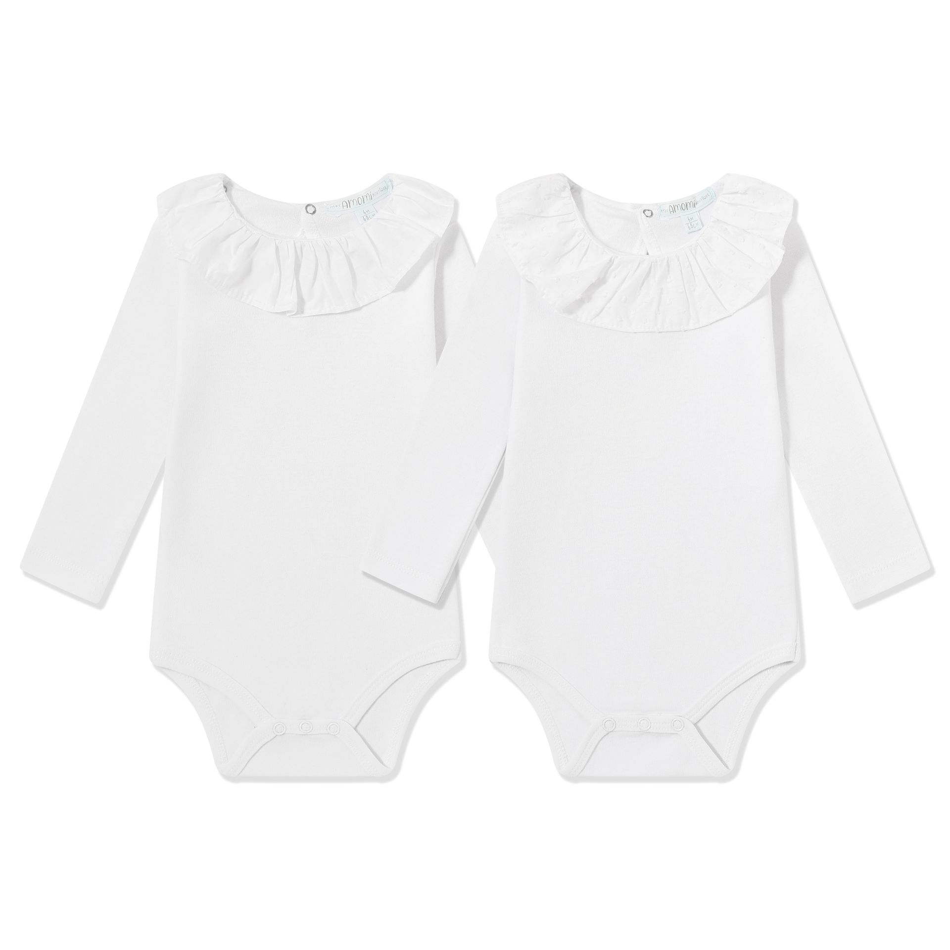 Dois bodies brancos para bebé com gola de folhos e mangas compridas