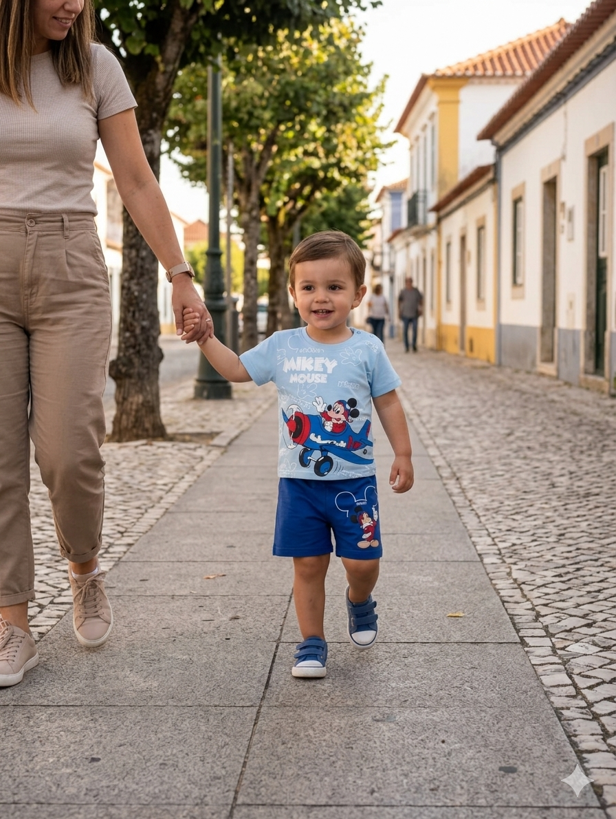 Menino com roupa do Mickey Mouse a caminhar com mulher numa calçada urbana.
