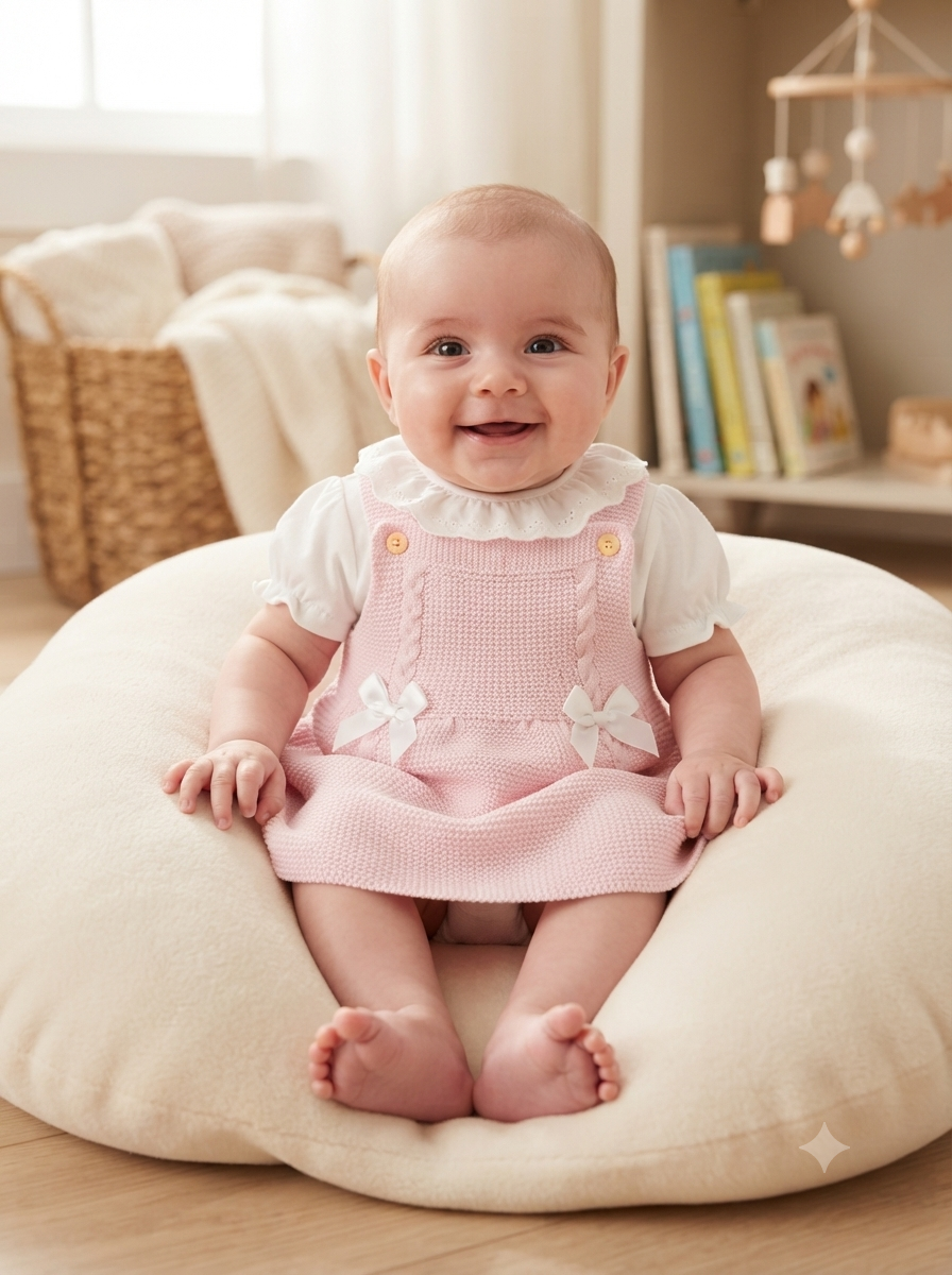 Bebé com vestido rosa e camisa branca sentado numa almofada creme