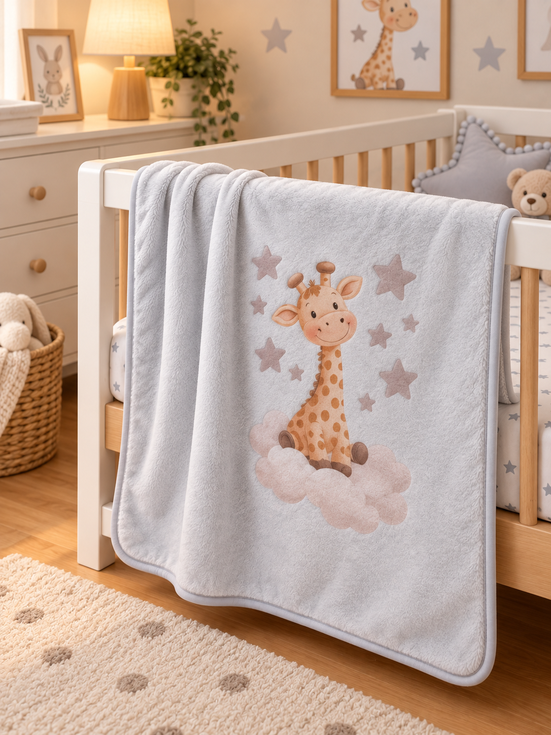 Manta cinzenta para bebé com desenho de girafa e estrelas pendurada numa cama de bebé.