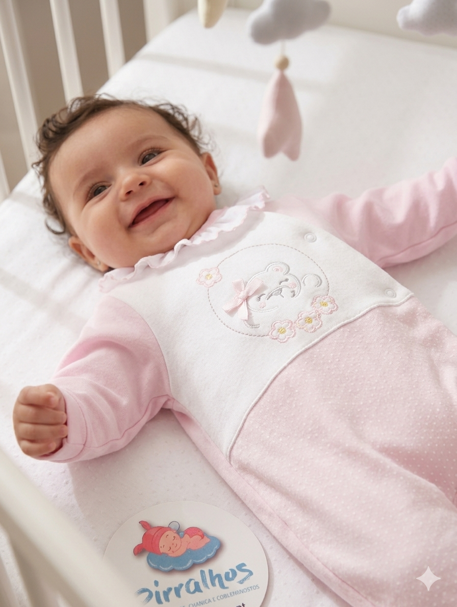 Bebé sorridente com pijama cor-de-rosa e branco com ursinho bordado numa cama branca.
