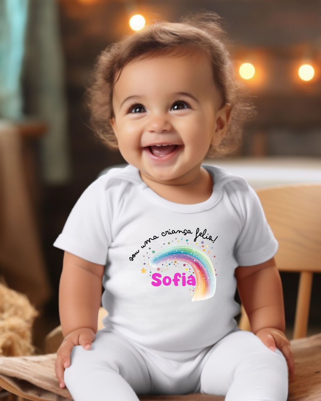 Bebé sorridente com body branco e estampa colorida de arco-íris e texto na frente sentado em cadeira de madeira