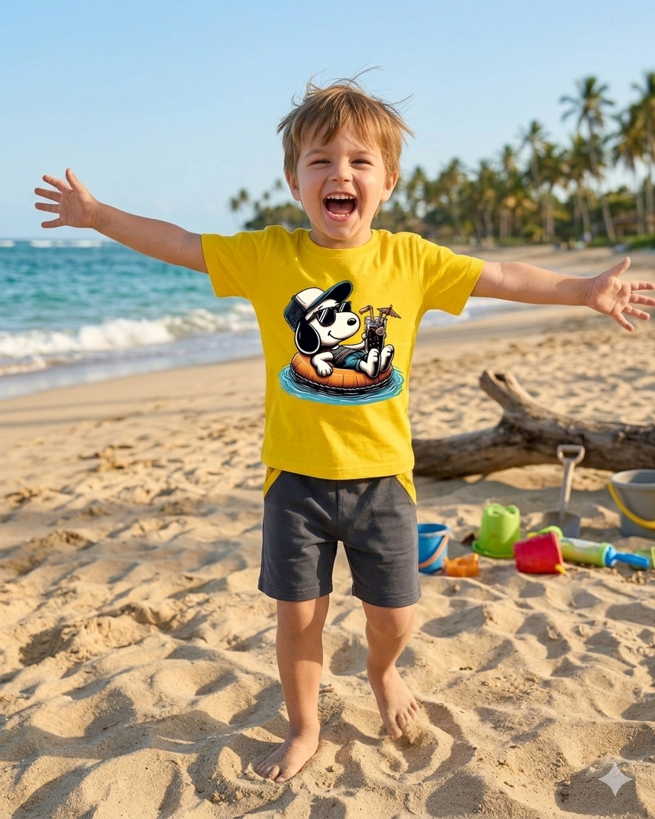 Camisola amarela com estampa de cão a relaxar em boia na praia