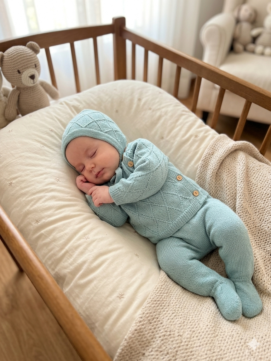 Bebé vestido com fato de malha azul clara a dormir em cama de madeira clara