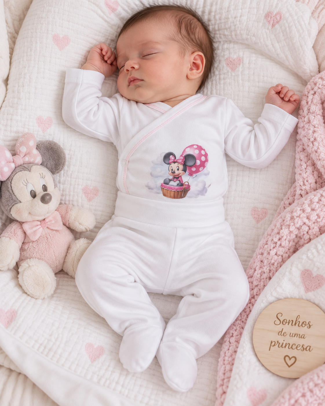 Bebé a dormir com pijama branco com Minnie e balão, peluche da Minnie, manta rosa e placa de madeira Sonhos de uma princesa.