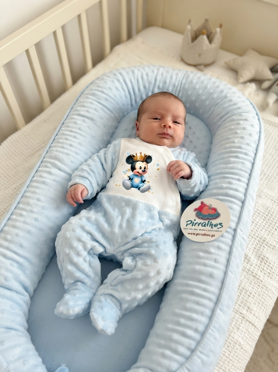 Ninho para bebé azul claro com bebé vestido de pijama azul e estampa do Mickey Mouse.