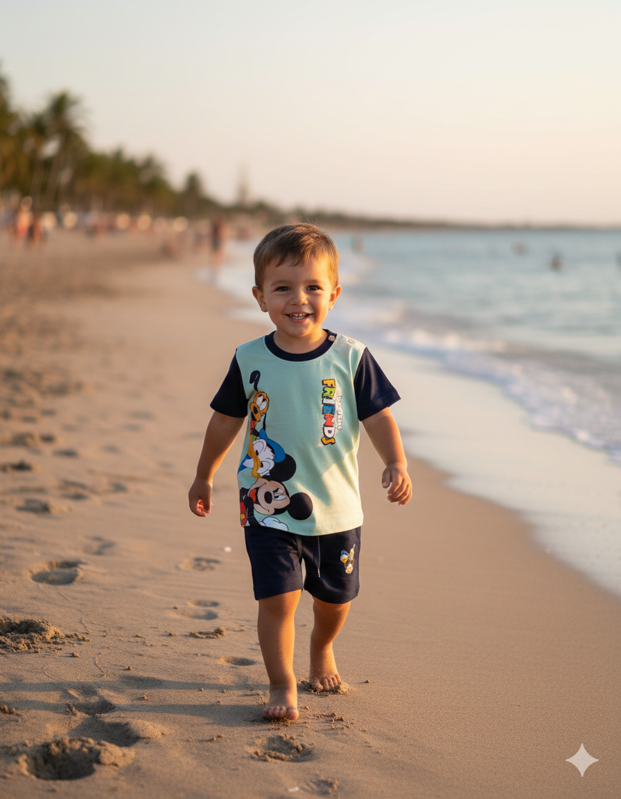 Criança a caminhar descalça na areia da praia com roupa Disney colorida