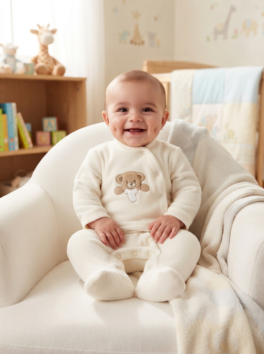 Bebé sorridente sentado numa poltrona branca usando roupa de veludo creme com bordado de ursinho castanho