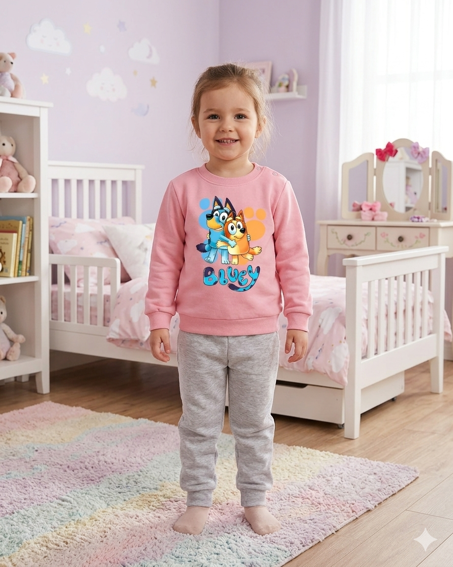 Menina sorridente com camisola cor-de-rosa com personagens Bluey e calças cinzentas em quarto decorado com móveis brancos