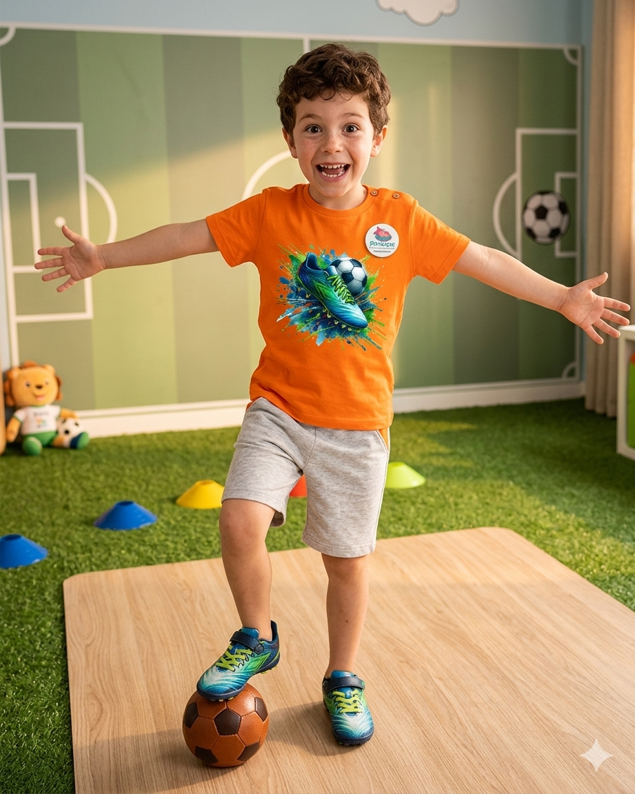 Menino com camisola laranja estampada de futebol e sapatilhas azuis em sala decorada com campo de futebol.