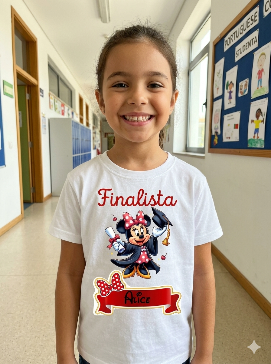 Camisola branca infantil com estampa da Minnie e texto Finalista Alice
