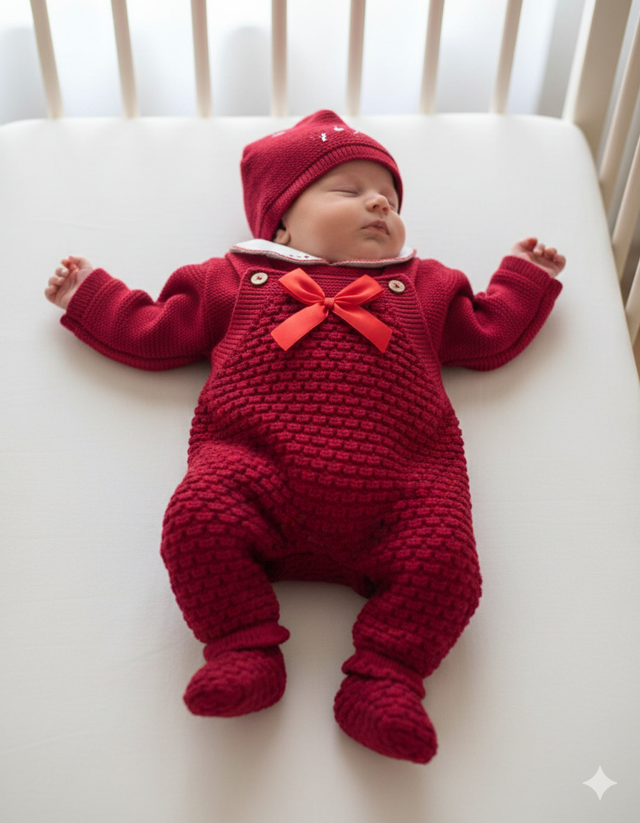 Bebé vestido com fato e gorro vermelhos de malha a dormir num berço branco