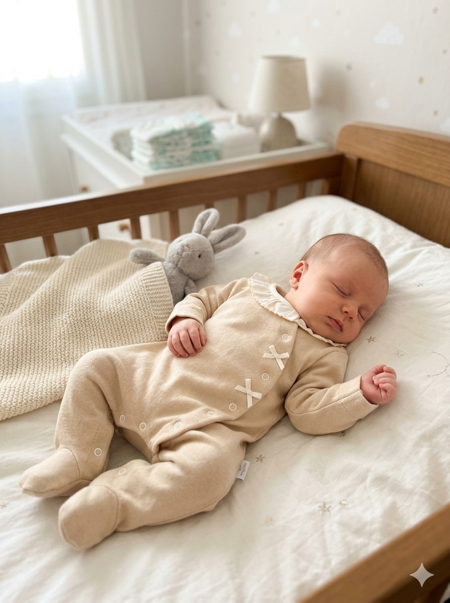 Bebé a dormir em macacão bege numa cama com cobertor e peluche coelho