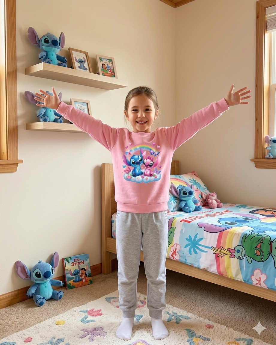 Menina com camisola rosa do Stitch em quarto decorado com peluches e roupa de cama do Stitch